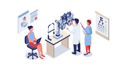 Eye clinic isometric design with optometrist examining patient and equipment
