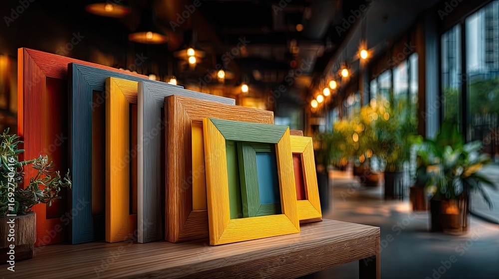 Poster stacked picture frames on a shelf - multiple wooden and metal frames of varying sizes casually leani