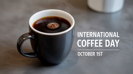 Dark grey coffee cup with text international coffee day october 1st