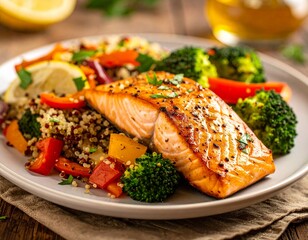 Delicious grilled salmon fillet with fresh broccoli, colorful bell peppers, and healthy quinoa on a white plate. A nutritious and balanced meal.