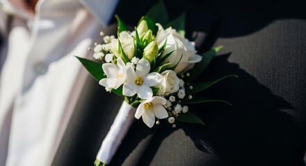 Elegant White Floral Boutonniere with Greenery, Wedding Day Details, Close Up