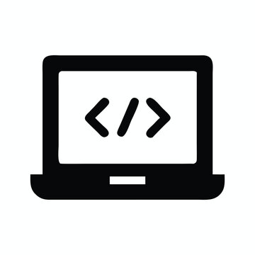 Laptop with Code Brackets Icon Programming and Developer Symbol, Black Vector
