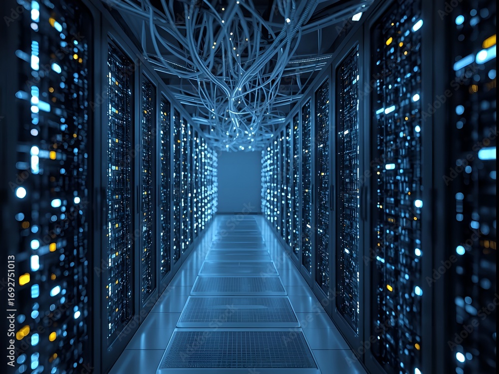 Poster futuristic glowing server room data center hallway advanced technology network infrastructure