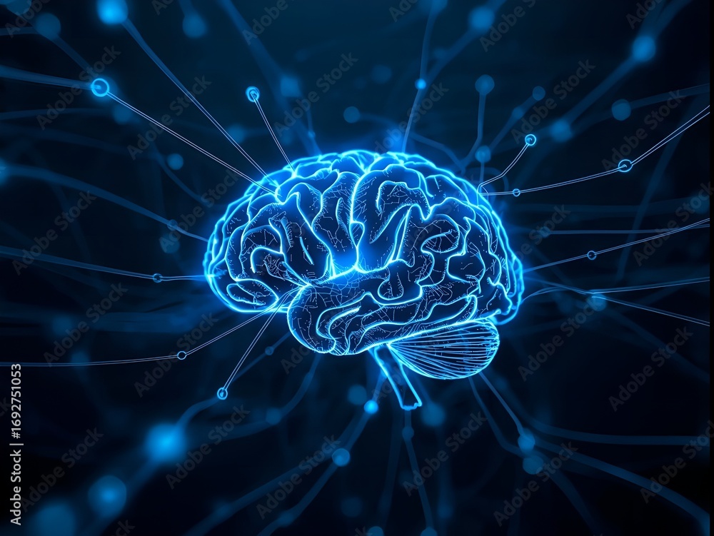Poster futuristic glowing blue digital brain neural network symbolizing artificial intelligence and advance
