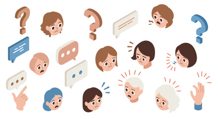 Fototapeta premium Isometric illustrations of facial expressions and conversations with question marks