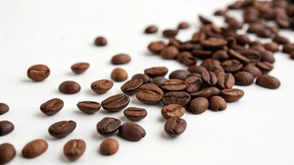 Obraz premium Close up of coffee beans spread on white background for culinary and beverage themes