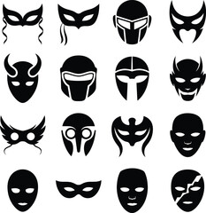 Superhero Mask Vector Icons – Black & White Character Faces for Comic, Game, and App UI