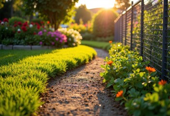 Obraz premium Sunlit garden pathway bordered by colorful flowers and lush greenery in warm evening light