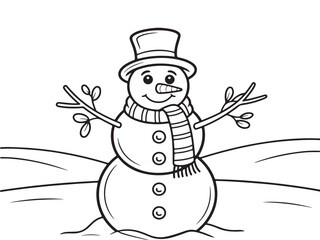 Line-art illustration of a cheerful snowman with a scarf, top hat, and twig arms standing in a snowy landscape, creating a festive winter scene.