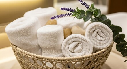 Soft White Towels in Woven Basket.