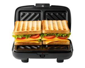 Delicious grilled cheese sandwiches cooking in an open sandwich maker isolated on transparent background
