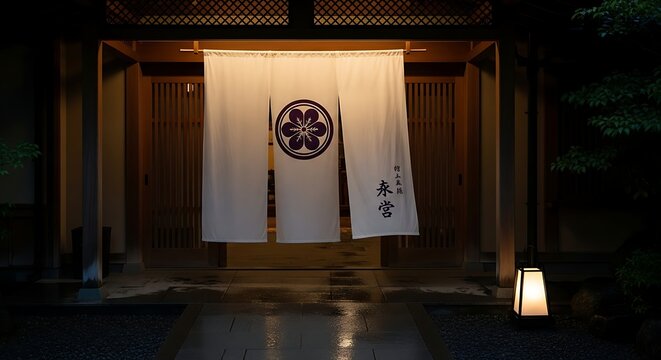 Warmly Lit Noren Curtain at a Traditional Japanese Entrance.
