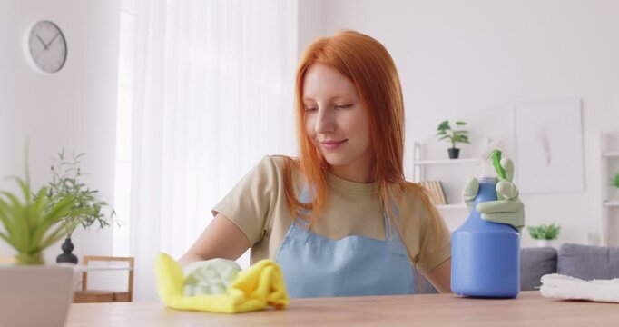 Housekeeper specialist cleaning, attractive millennial red-haired girl, teen student, woman washing table, housekeeping job service, happy make daily house chores using cloth with spray detergent