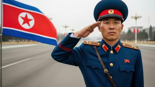 north korean soldier in uniform saluting with national flag in background on empty street. honor and patriotism. pride, korea military service, political concept. militarism and autocracy