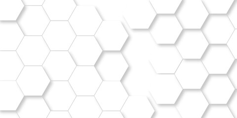 Fototapeta premium Abstract pattern hexagonal white technology line paper background. Hexagonal grid tile mosaic structure mess cell design. white and gray hexagon honeycomb football geometric copy space business text 