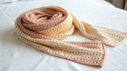 Fototapeta premium Handcrafted crochet scarf in warm pastel tones for fashion accessories