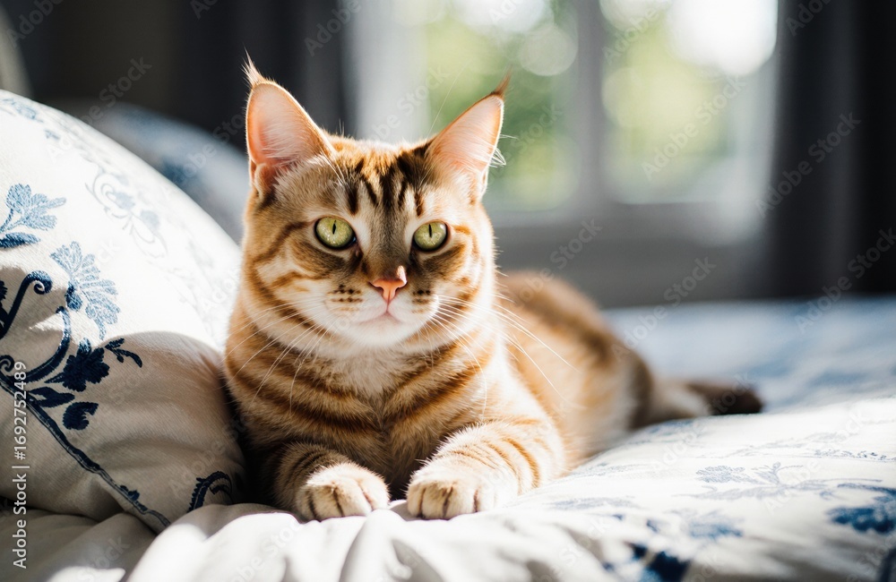 Poster a ginger tabby cat relaxing on a bed with patterned bedding and natural light streaming through a wi