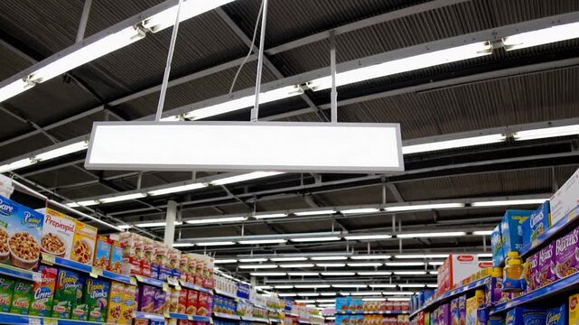 Shelves filled with colorful cereal boxes in a grocery store aisle during a busy shopping day