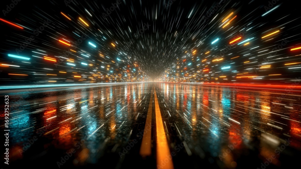Poster accelerated highway of lights: a dynamic image capturing a blurred streak of motion, illuminated by 