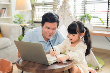 Fototapeta premium Dad, Mom, and daughter enjoy a moment of joyful homework on the sofa, a peaceful scene of family togetherness at home. They embrace a cheerful lifestyle, making study an exciting part of life