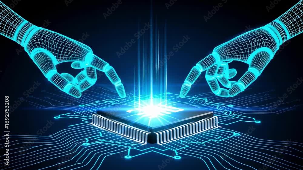 Poster digital hands interacting with glowing cpu chip, futuristic ai technology concept