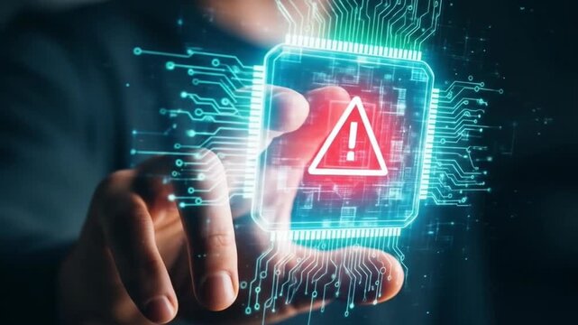 Cybersecurity Warning: Man Interacts with Holographic Alert Symbol High Technology