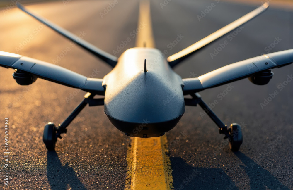 Poster a futuristic drone positioned on an empty runway with a yellow center line