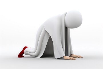 A stylized figure in white kneeling on hands and knees, symbolizing prayer or submission in a minimalistic setting