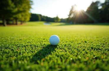 A golf ball resting on a lush green golf course during sunset