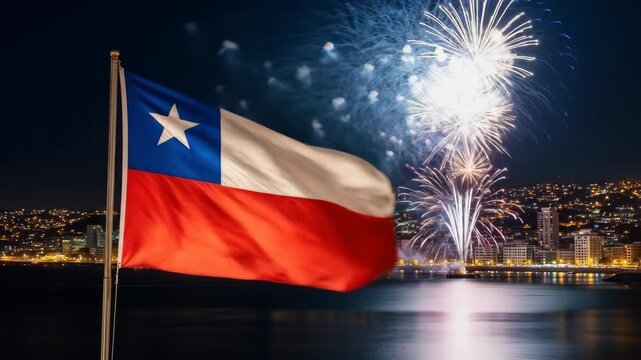 vibrant fireworks illuminate night sky over coastal city, with chilean flag prominently in foreground. patriotic celebration in valparaiso, national pride. travel brochure, chile independence day - Powered by Adobe
