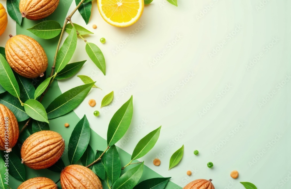 Poster fresh walnuts and lemon slices arranged on green leaves with copyspace for text