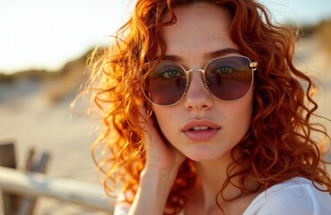 Woman with curly red hair wearing sunglasses on a sunny beach day