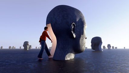 3d render of a man walking into a large head facing toward the sun.