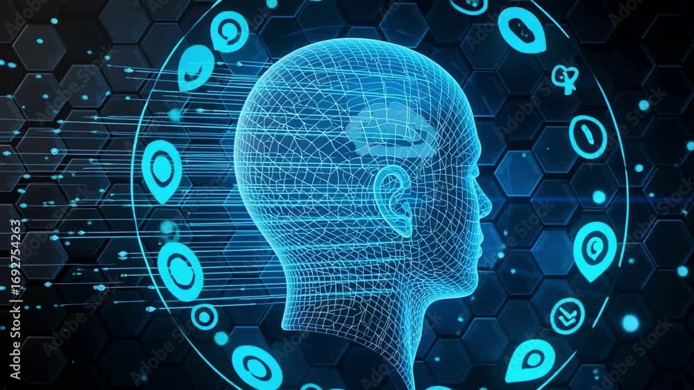 Poster futuristic technology: brain data flowing in cyberspace with digital head and network connections