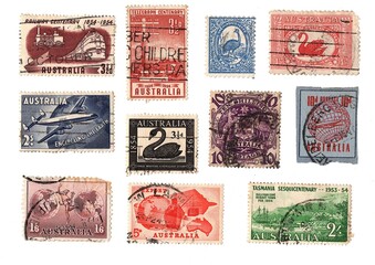 Vintage postage stamps from Australia isolated on a white background.