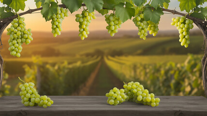 A wooden surface holds a basket of fresh grapes, with more scattered nearby, framed by hanging grapevines and a blurred vineyard in the background.
