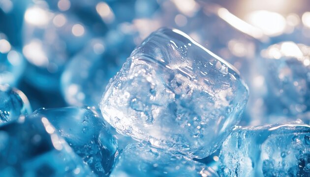 Stunning Closeup Of Crystal Clear Ice Cubes: Ideal For Beverage Ads Or Chilling Beverages. Highlighting Intricate Details, Cold Refreshment For All.