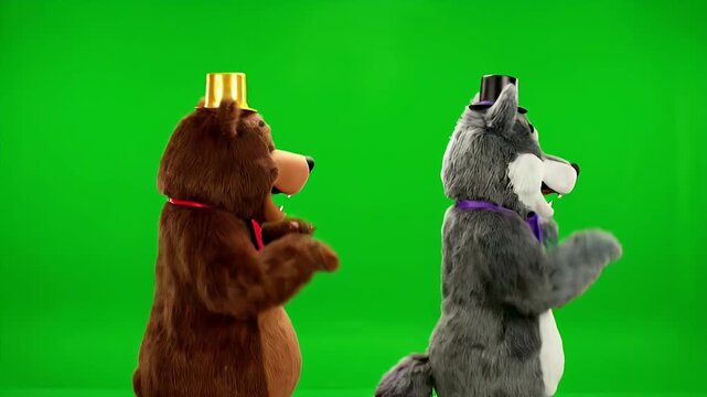 Dancing Bear King and Wolf Mascots on Green Screen for Chroma Key Compositing