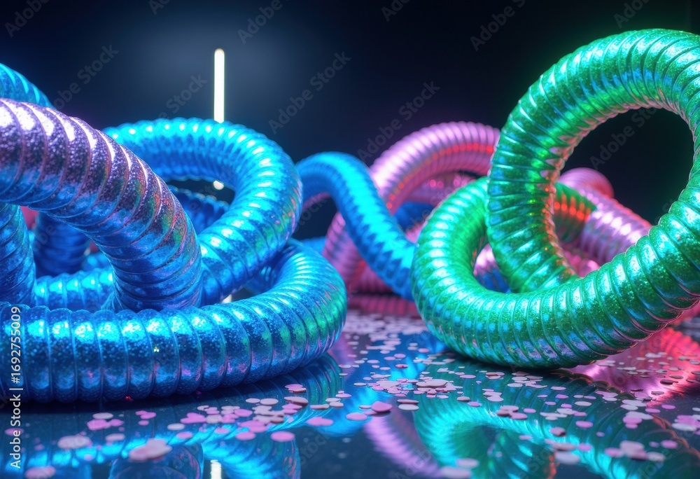 Aufkleber colorful illuminated flexible tubes arranged in a playful pattern with confetti on a reflective surf