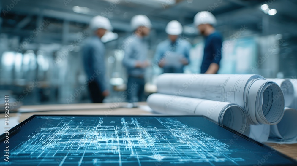 Poster focused shot of structural clash analysis on screen with blurred group discussion and blueprint roll