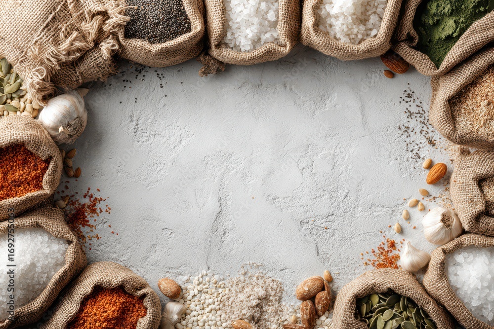 Poster an overhead shot of various spices and pulses in burlap bags, creating a culinary frame and rustic c
