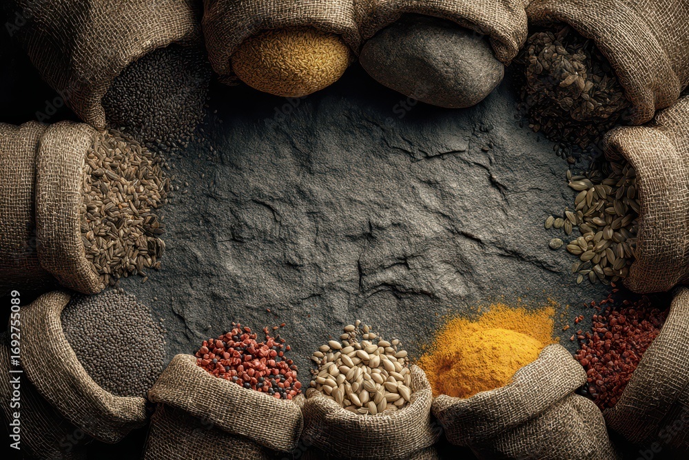 Poster assortment of colorful dried spices in rustic burlap sacks, placed in a circular frame on a dark, te