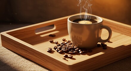Steaming coffee cup and beans on wooden tray.