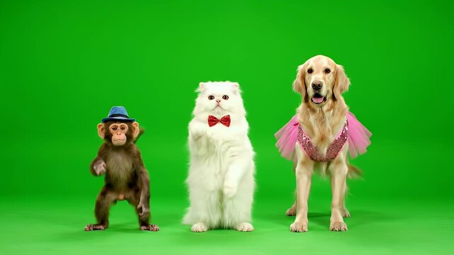 Humorous Dressed Animals: Monkey, Cat, Dog in Costumes on Green Screen
