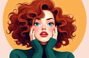 Fototapeta premium Woman with vibrant red curly hair and bright blue eyes holding her face in surprise