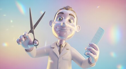 Cartoon Barber Holding Scissors and Comb