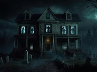 A spooky, old Victorian house at night, surrounded by a cemetery, shrouded in mist.