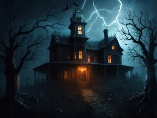 Fototapeta premium A haunted Victorian mansion, illuminated by lightning, stands ominous amidst bare, skeletal trees on a stormy night.