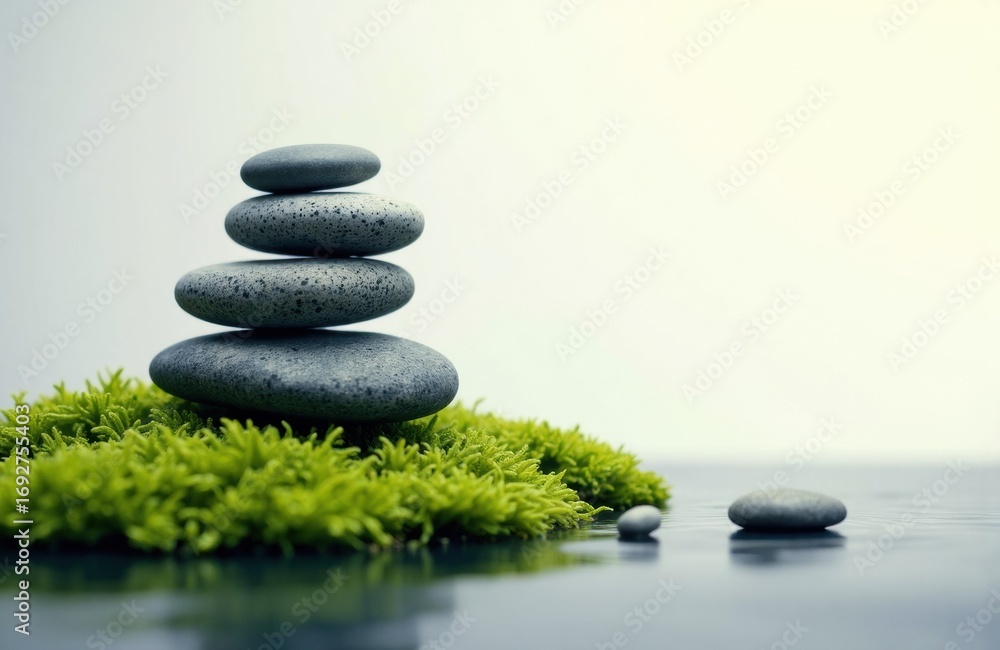 Poster Balanced stack of smooth stones resting on lush green moss with a minimalist background
