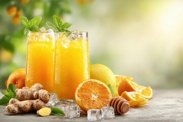 Naklejka premium Refreshing orange juice served in tall glasses, adorned with fresh mint, accompanied by oranges, ginger, lemon and ice cubes on a bright sunny background.